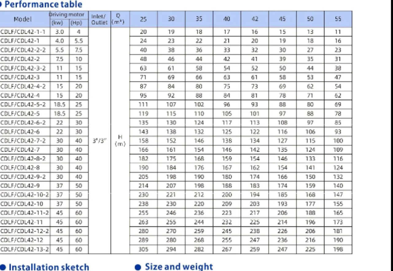 Trang catalog gốc — Cỡ 42 m³/h — 22–45 kW, lưu lượng 25–55 m³/h, cột áp tới 289 m